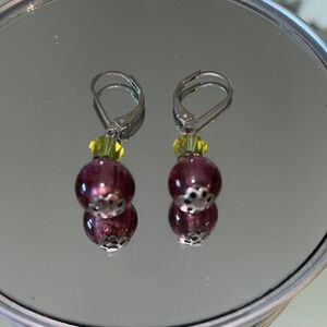 Purple glass  bead & light‎ green dangle wire earrings